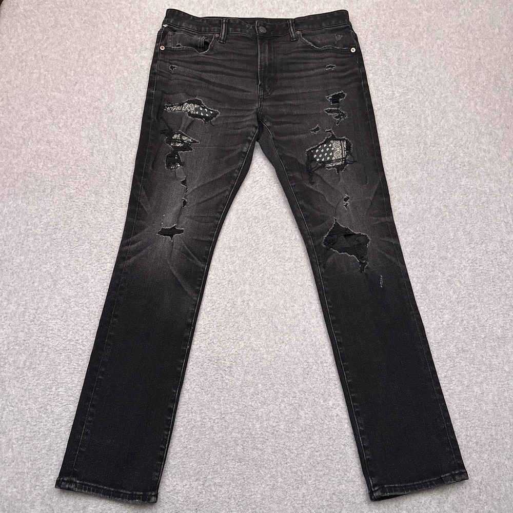 American Eagle Slim Fit‎ Jeans Men's 33x30* Black Faded Distressed Airflex 360